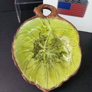 VTG Treasure Craft Green Leaf and Faux Wood Candy Trinket Dish Bowl MCM 7.5"